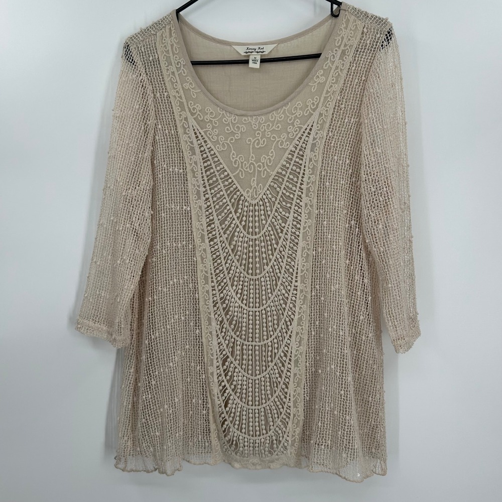 Krazy Kat Womens Beige Sequin Embroidered Mesh Boho Tunic Top Size M Scoop Neck
